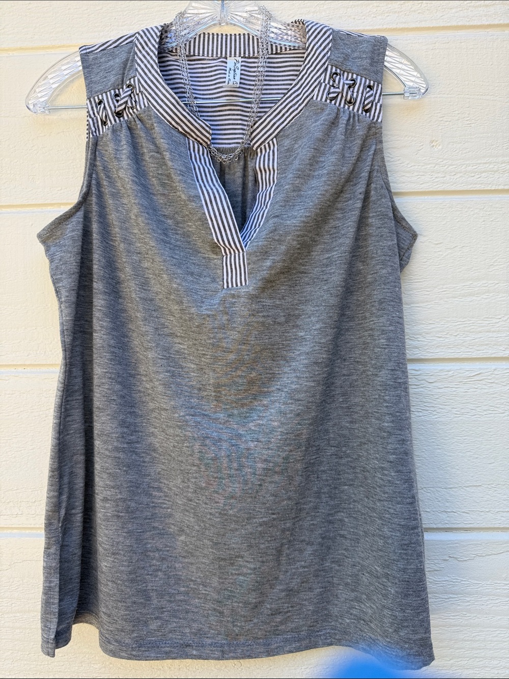 Women’s Gray Sleeveless Knit Top with Striped Trim Braided Lace.